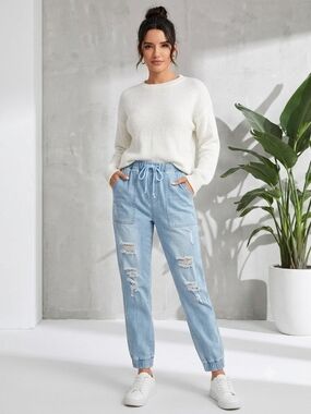 Light Blue Distressed Drawstring Jogger Jeans - Women